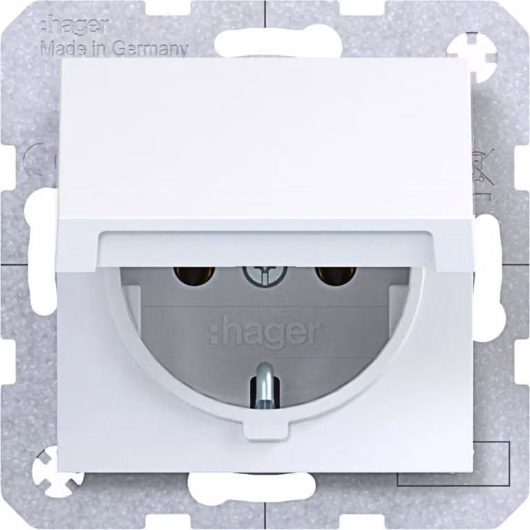 Presa Hager SCHUKO A.x/C.x WAS1110WG con coperchio ribaltabile, bianco lucido