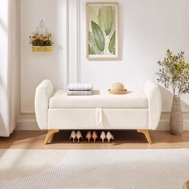 Panca contenitore pieghevole OKWISH in velluto a coste beige con gambe in legno, L: 150 cm, P: 51 cm, H: 57 cm