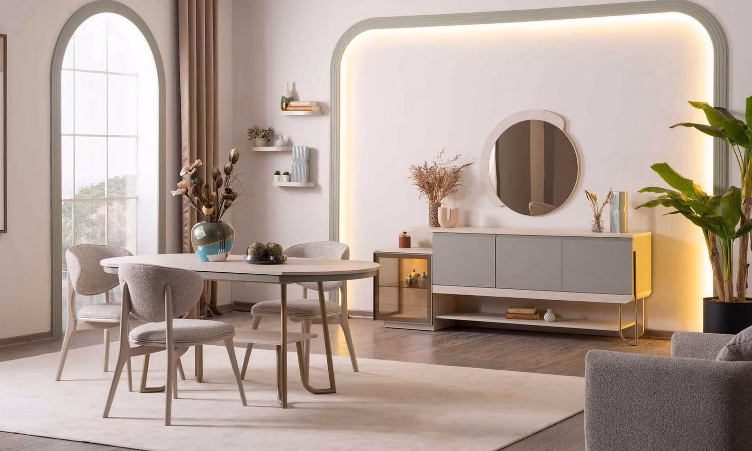 Tavolo da pranzo, sedie, credenza, specchio, stile moderno, colore beige, legno, metallo