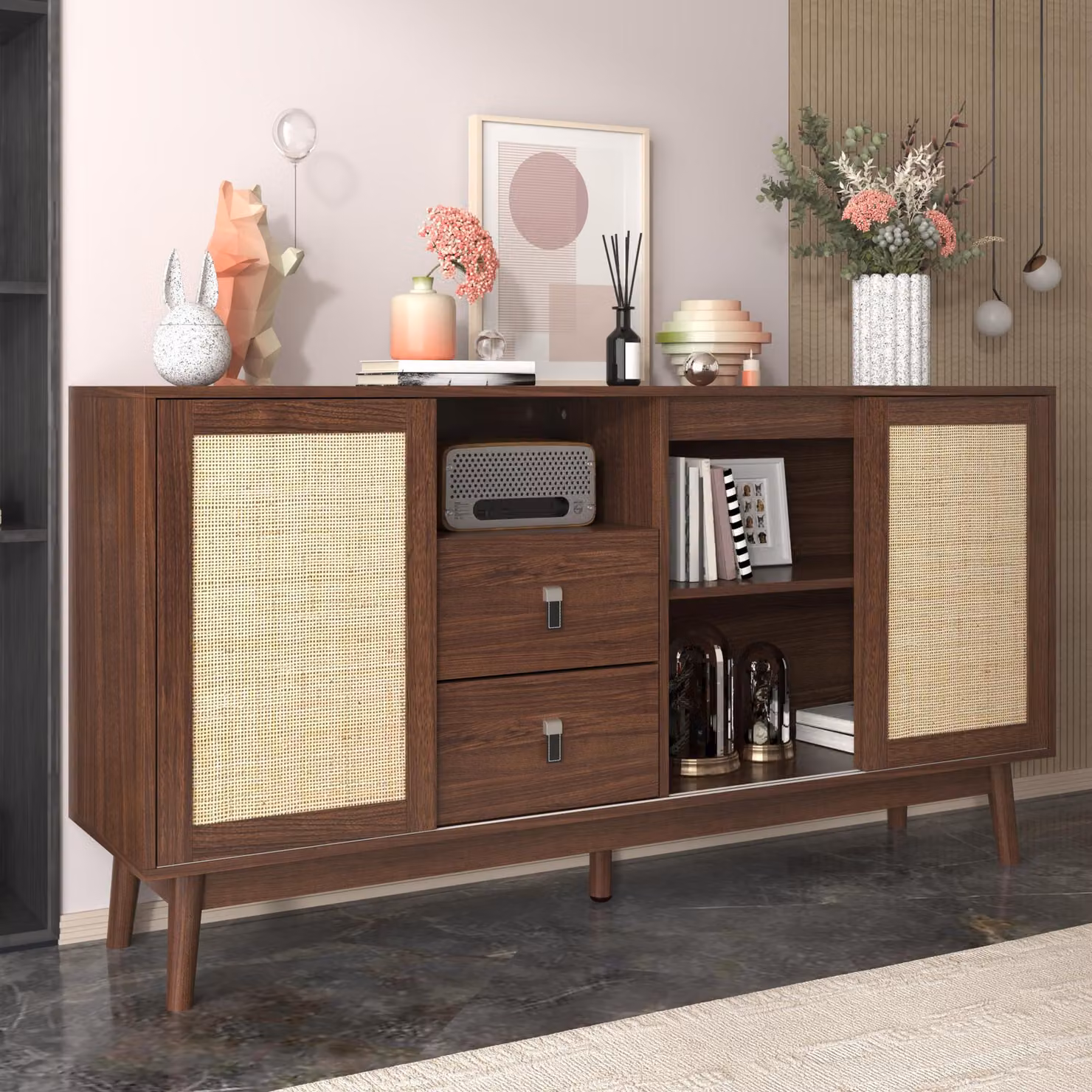 Credenza STILVORA con 3 ante scorrevoli, mobile contenitivo in vero rattan con ripiani aperti, mobile ausiliario con cassetti, noce