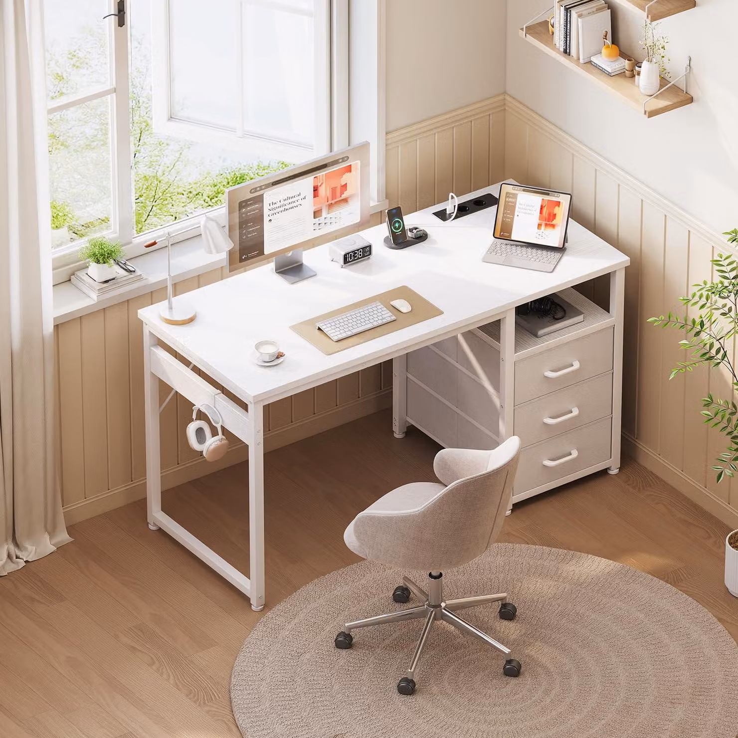 Scrivania con vano contenitore - 100x48 cm - Bianca - Con porte USB e prese di corrente - Realizzata in metallo e legno - Adatta per ufficio e gaming