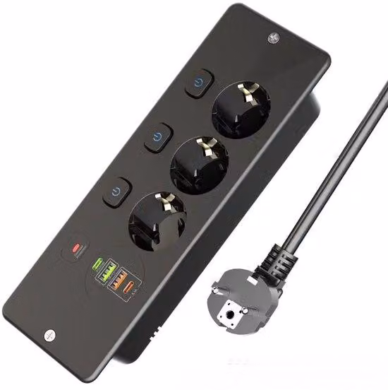 Presa tripla USB con interruttore separato, porta USB-C, ricarica rapida, nera