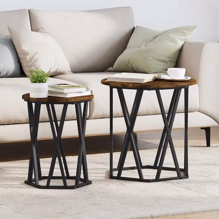 Set di 2 tavolini da salotto moderni vidaXL in legno e metallo, colore rovere e nero, L/P/H: 50 x 50 x 50 cm