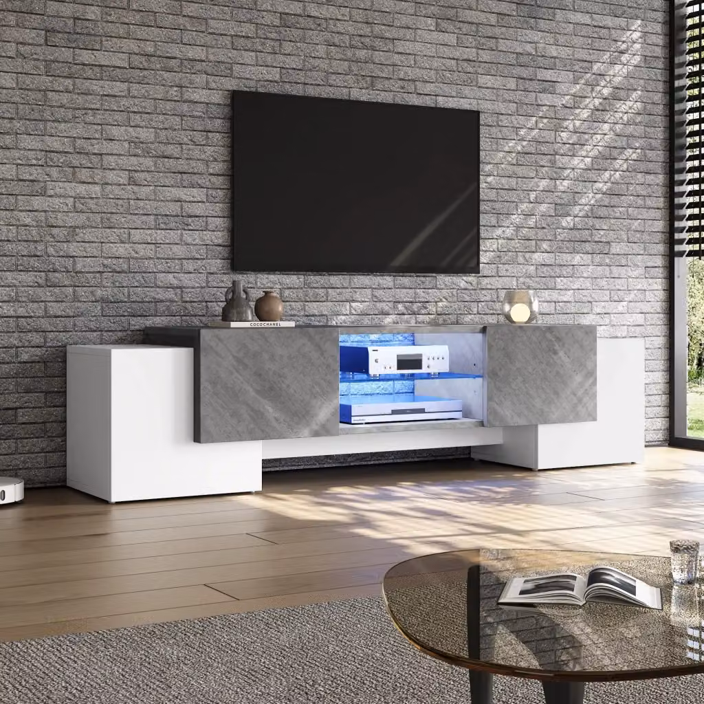 Cassettiera TV moderna KOMHTOM in MDF con vetro e illuminazione integrata, bianca e grigia, L: 180 cm, P: 40 cm, H: 46,5 cm – 2