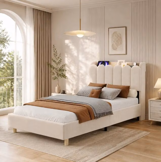Letto singolo per bambini 90x200 cm beige in velluto, testiera con ricarica USB, senza materasso