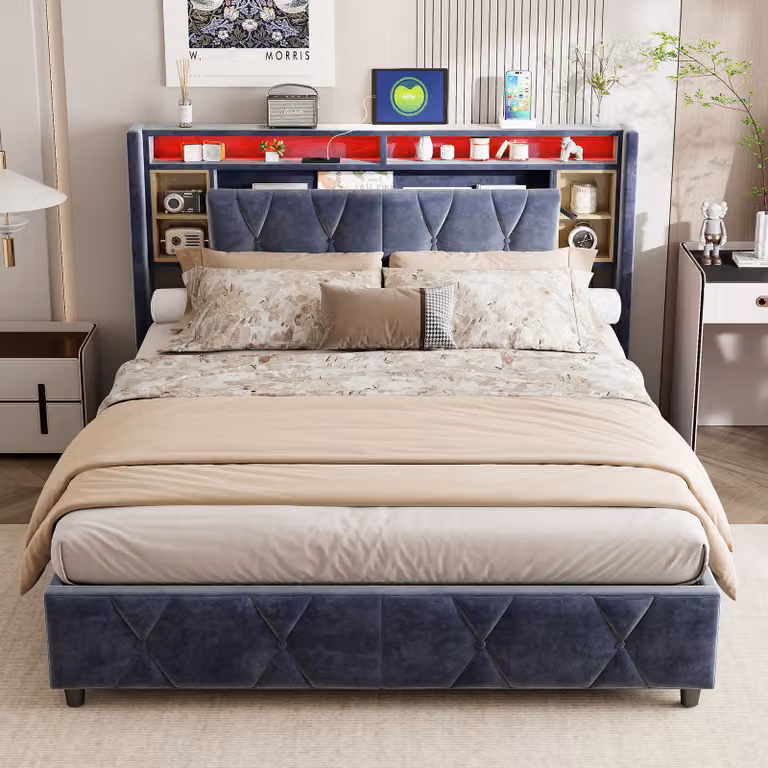 Letto imbottito ProximaX 160x200cm con rete a doghe (USB&type-c), letto a molle idrauliche con contenitore, letto contenitore letto matrimoniale con testata contenitore e LED, velluto, grigio