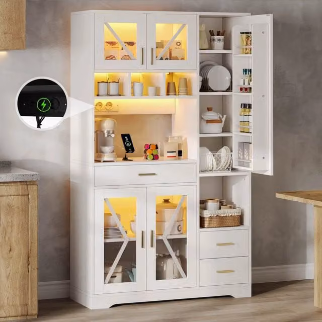 Armadio da cucina stile rustico, alta credenza con vetrina, ripiani regolabili, cassetto, LED multicolore e prese, 185x105x40 cm