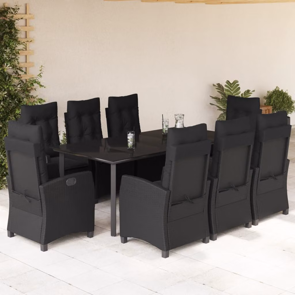 Set da Pranzo da Giardino vidaXL 9 pz in Polyrattan Nero con Cuscini e Tavolo in Vetro – 1