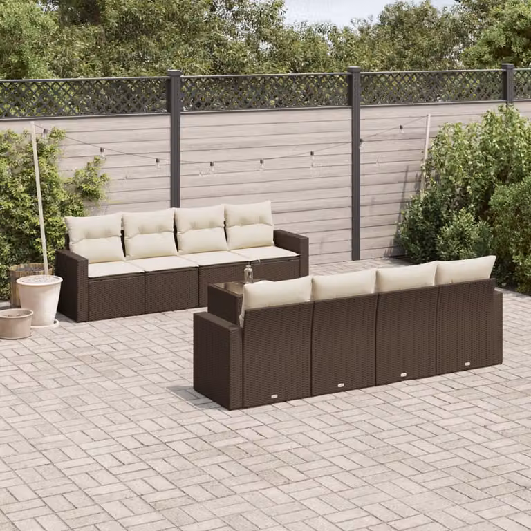Set di divani da giardino vidaXL in polyrattan marrone con cuscini bianchi e tavolino da esterno 9 pezzi