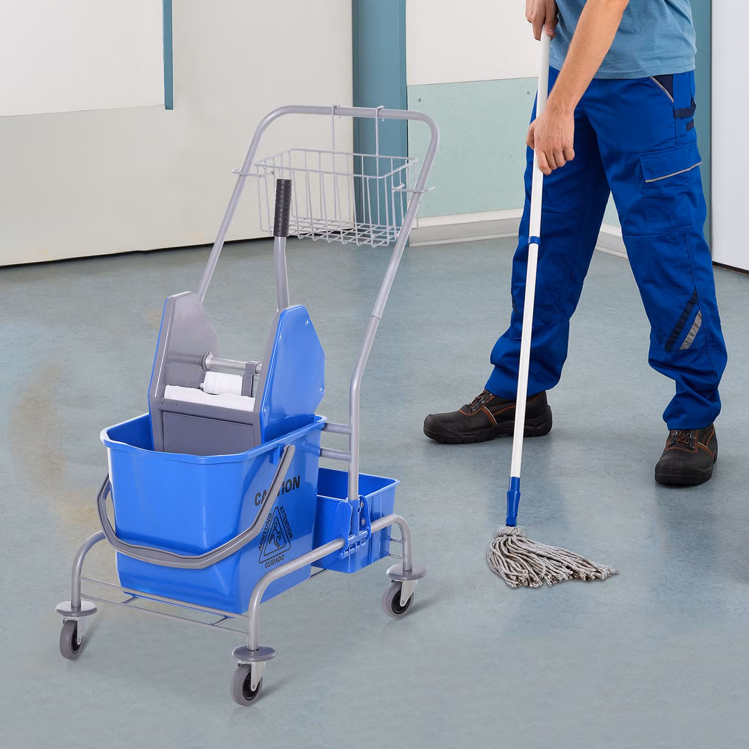 Carrello delle pulizie professionale HOMCOM con secchio da 25L, mop e strizzatore, colore blu, L 72 x P 49.5 x H 95 cm – 2