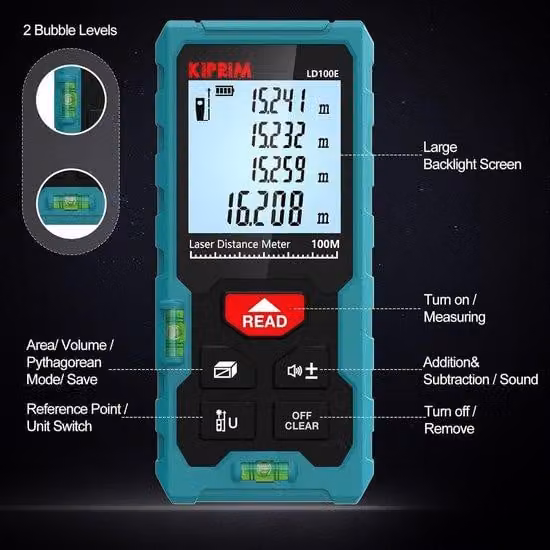Telemetro laser 50 m, impermeabile IP54 con doppia livella a bolla