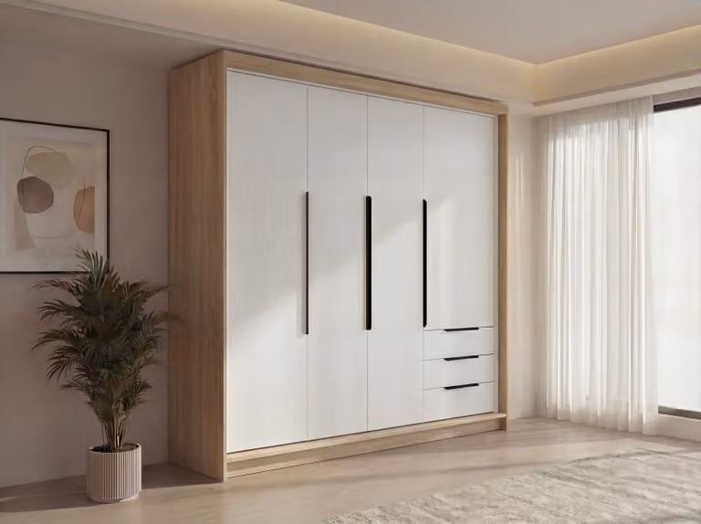 Spazioso armadio a quattro ante KLARI con cassetti e maniglie in metallo – design moderno