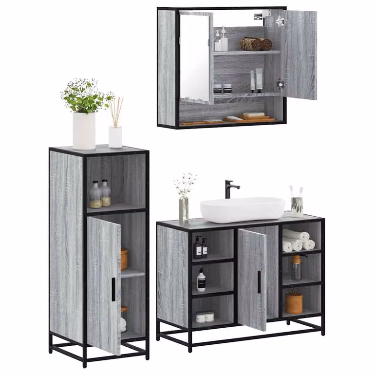 Set di mobili da bagno industrial vidaXL in 3 pezzi grigio con legno, metallo e vetro, comprensivo di mobile lavabo, armadietto con specchio e mobile laterale