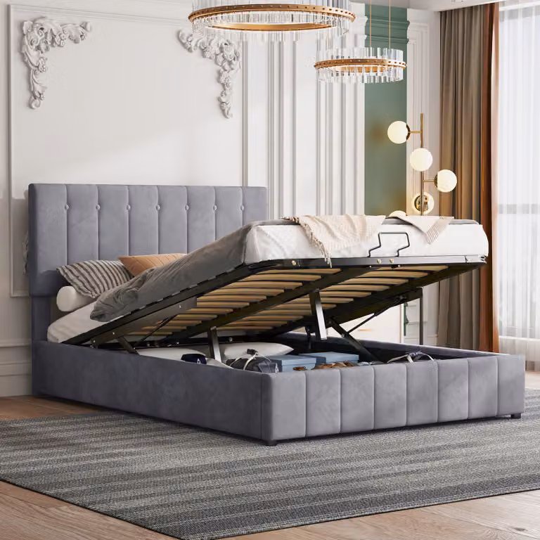 Letto imbottito MODFU 140x200 cm, letto matrimoniale con spazio contenitore sollevabile idraulicamente, testiera imbottita regolabile in altezza, rivestito in velluto, letto matrimoniale per adulti e ragazzi, colore grigio (senza materasso)