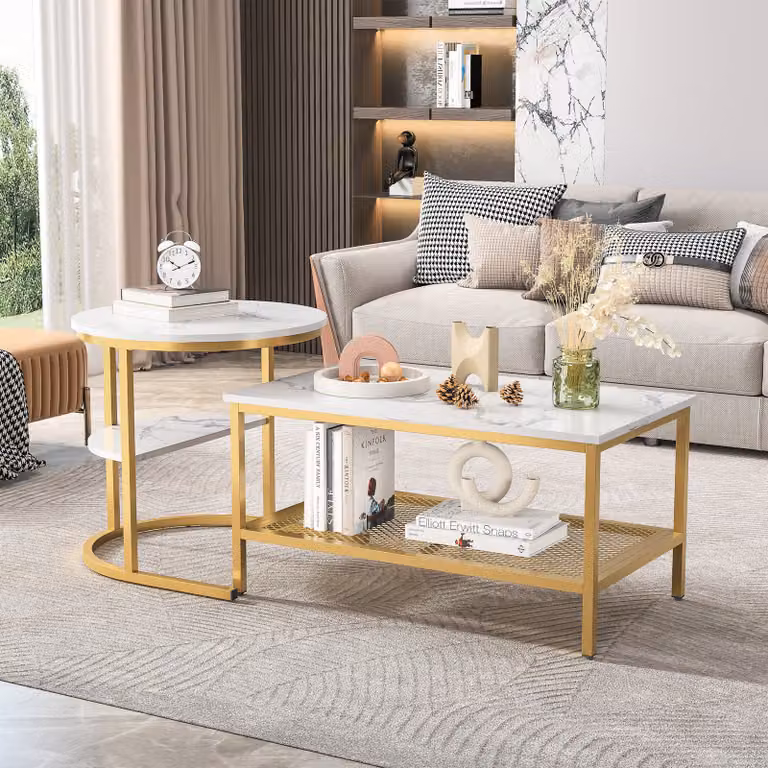 set di 2 tavolini, Tavolo da soggiorno, Tavolino con struttura in acciaio e ripiani, Design industriale, Stile scandinavo, Facile da montare, Tavolino in legno per divano, Tavolino