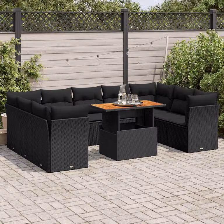 Set di divani da giardino vidaXL a forma di U composto da 10 pezzi con cuscini e tavolino da esterno nero