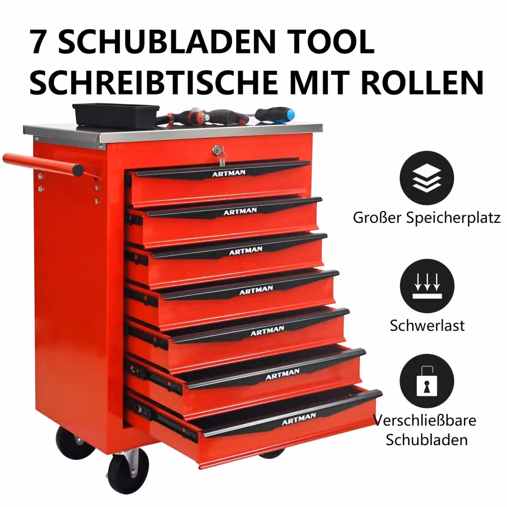 Carrello da officina Weimin in acciaio con 7 cassetti chiudibili a chiave e ruote, disponibile in rosso e nero – 2