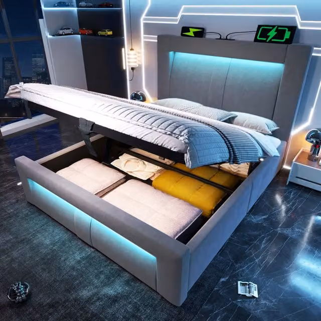 Letto singolo 90 × 200 cm con vano idraulico, LED regolabili, porte USB e Type-C, senza materasso, velluto grigio