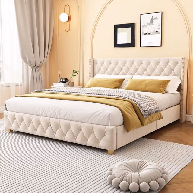 Letto imbottito 160x200 cm in velluto beige chiaro con testiera e 12 doghe