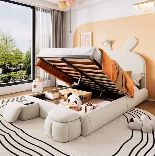 Letto imbottito con orecchie di coniglio; idraulico; 140x200 cm; velluto beige