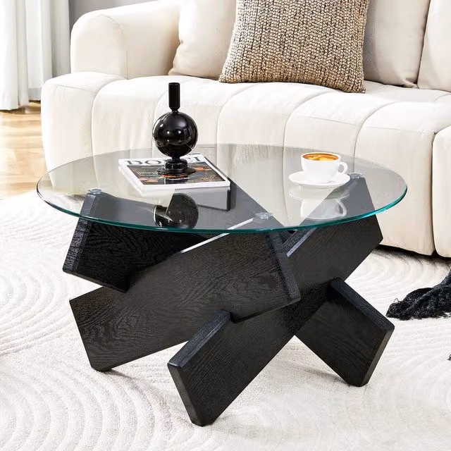 Tavolino da Caff¨¨ Rotondo ¨C MINIMAL ¨C Piano in Vetro Temperato, MDF, Nero, 79 cm