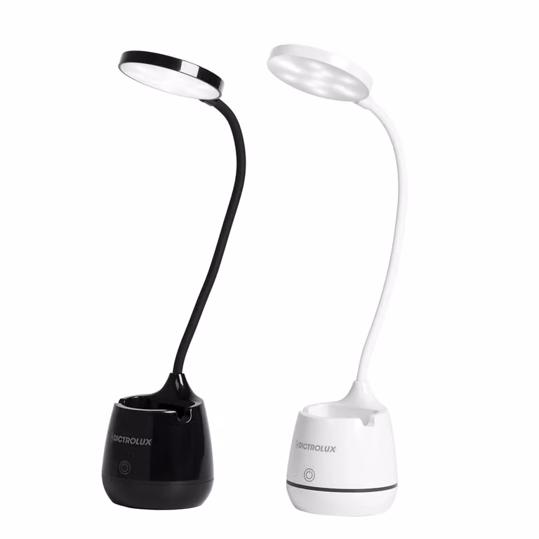 Dictrolux Lampada da Scrivania LED con Portapenne e Stand per Smartphone con Ricarica USB, Dimmerabile e Regolabile, Bianca o Nera