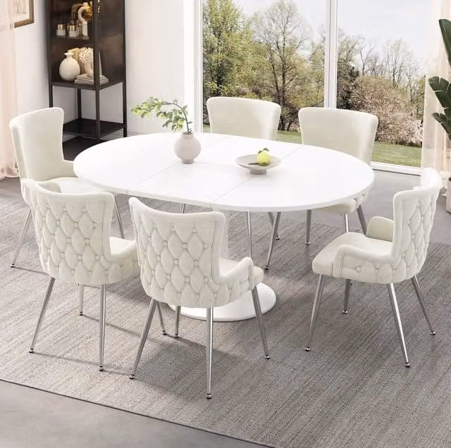 Set di 6 sedie da pranzo in velluto beige con gambe in metallo argentato