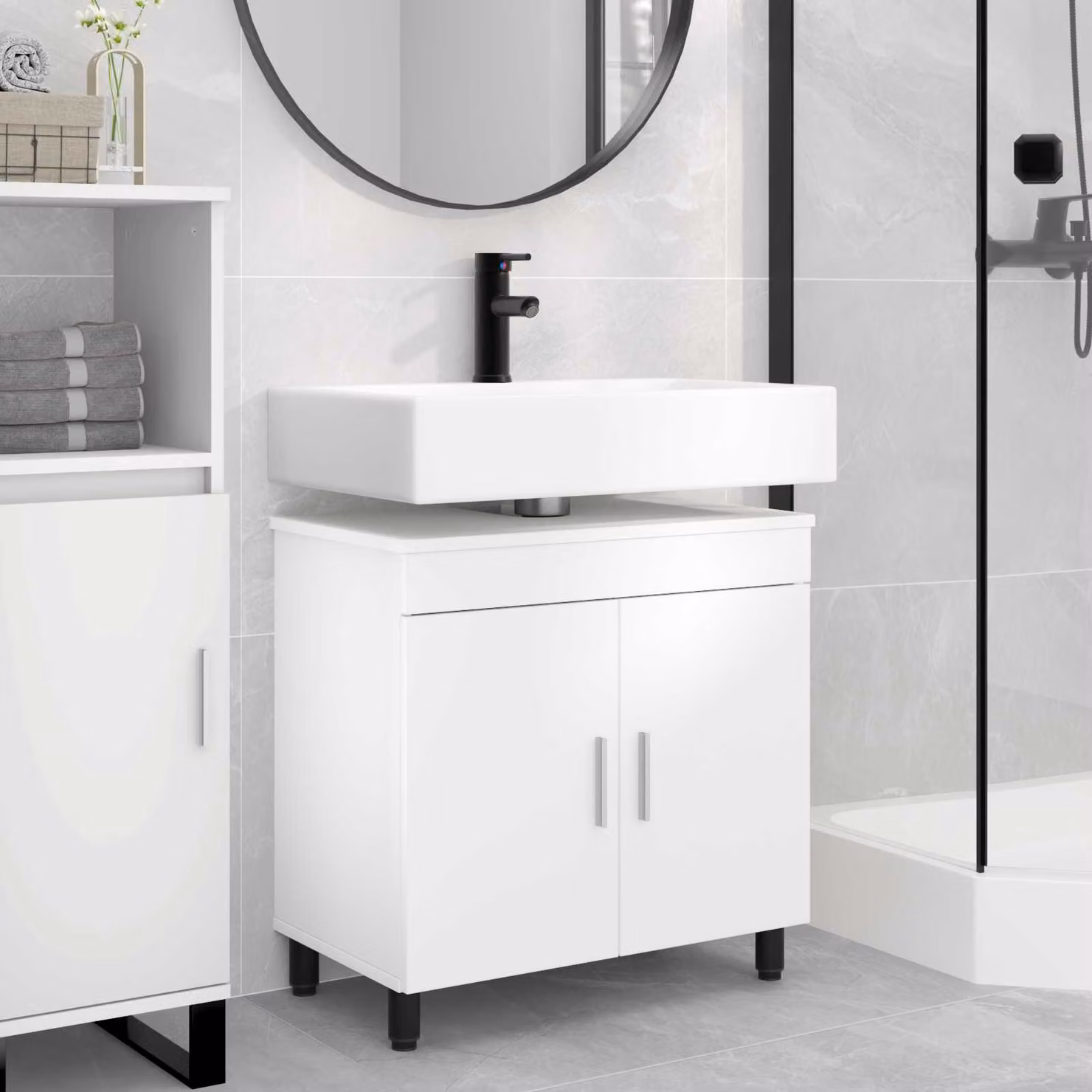 Mobiletto da bagno moderno vidaXL Bianco in MDF con ante a battente e ripiani interni L/P/H: 60 x 35 x 60 cm