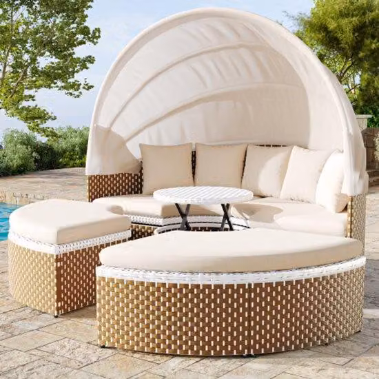 Set di mobili da giardino, salottino da esterno, mobili da giardino in rattan e set di sedute, lettino da giardino a conchiglia, ombrellone estraibile, piano del tavolo ribaltabile, beige, compresi tutti i cuscini e i cuscini di seduta