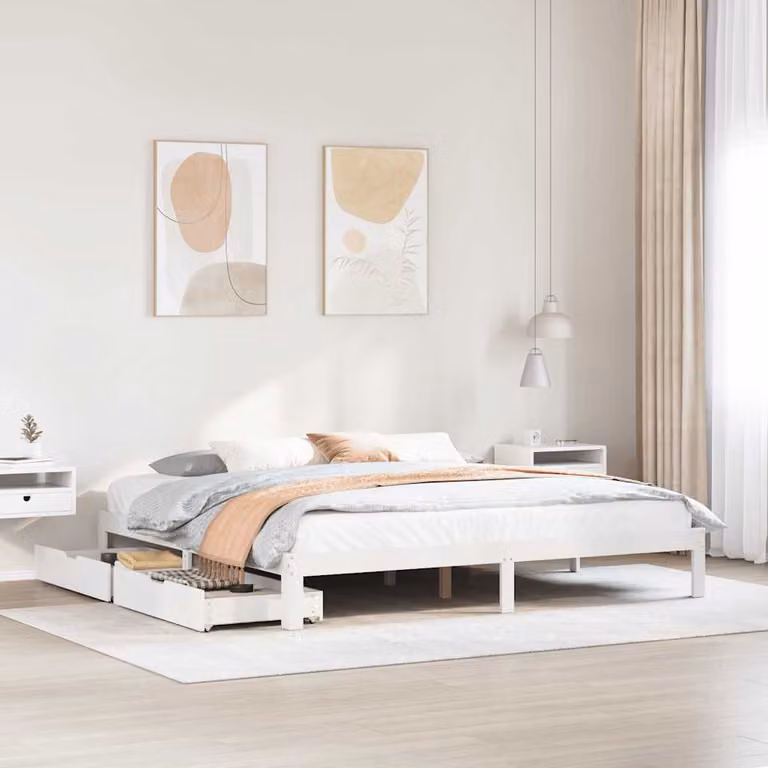 vidaXL Giroletto con Cassetti Bianco in Legno Massello di Pino 200x200 cm
