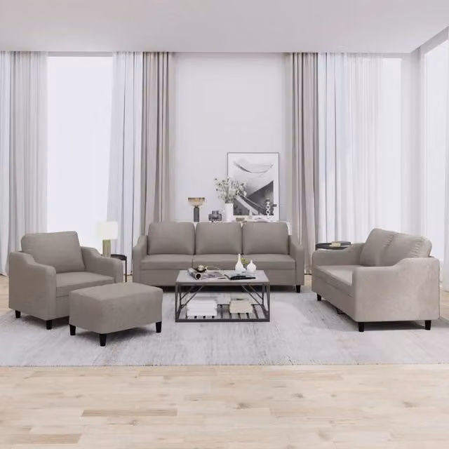 Set di divani moderno vidaXL composto da un divano a 3 posti, un divano a 2 posti e un pouf, in tessuto beige e grigio con cuscini inclusi