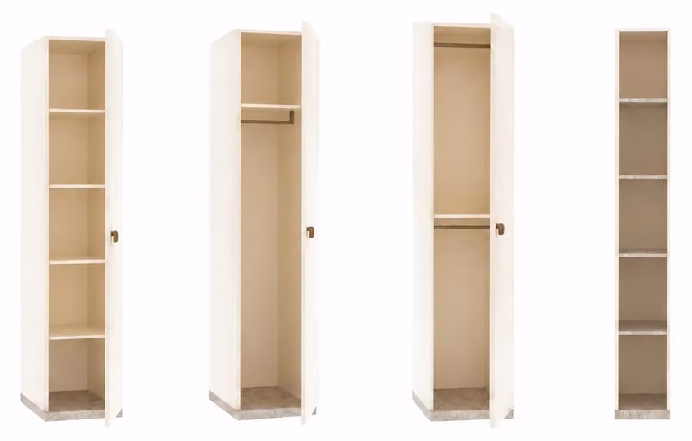 Set di armadi moderni beige, sistema a vetro, comodo e di stile