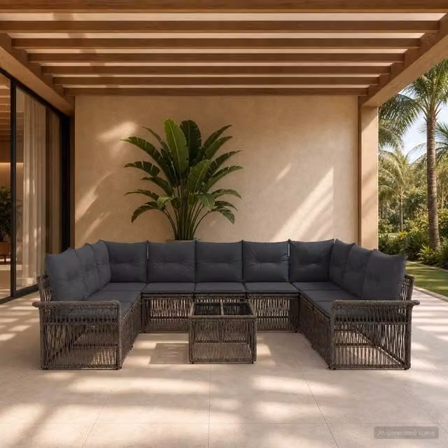 Set Divano da Giardino vidaXL 10 Pezzi Grigio con Poltrone, Elementi Angolari, Tavolino e Cuscini in Polyrattan e Metallo