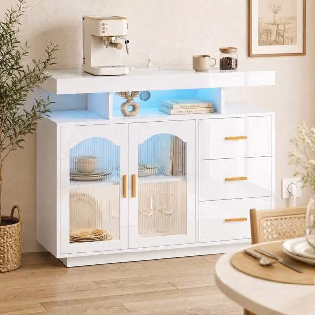Sideboard moderno WISHDOR bianco lucido con illuminazione integrata e cassetti soft-close L: 110 cm, P: 45 cm, H: 21,5 cm