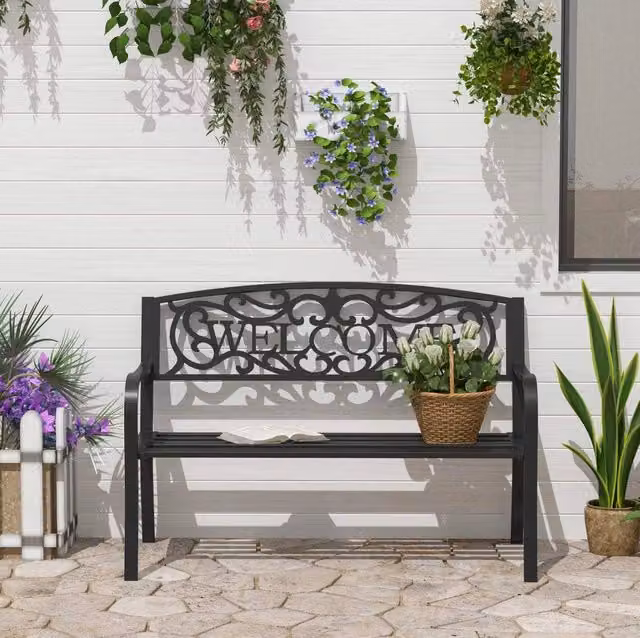 Panchina da giardino 2 posti 127 x 60 x 87 cm in metallo nero, schienale decorativo