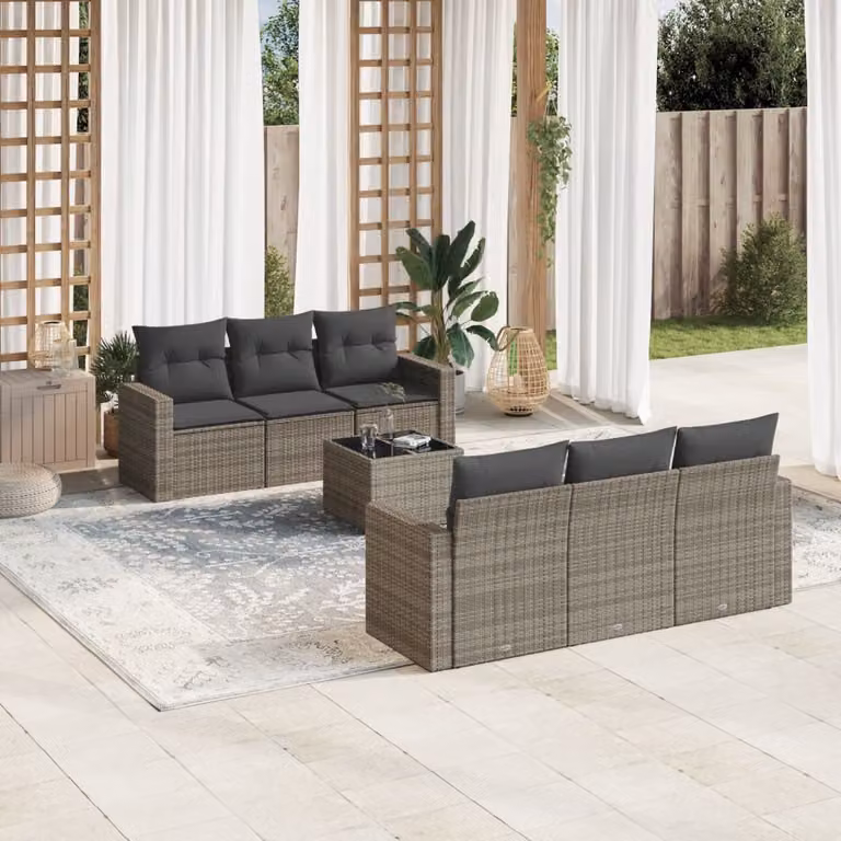 Set di divani da giardino vidaXL in polyrattan grigio con 7 pezzi e cuscini inclusi