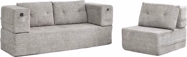 Divano modulare 2 posti con poltrona pieghevole in memory foam, divano letto salvaspazio grigio chiaro con tasche laterali