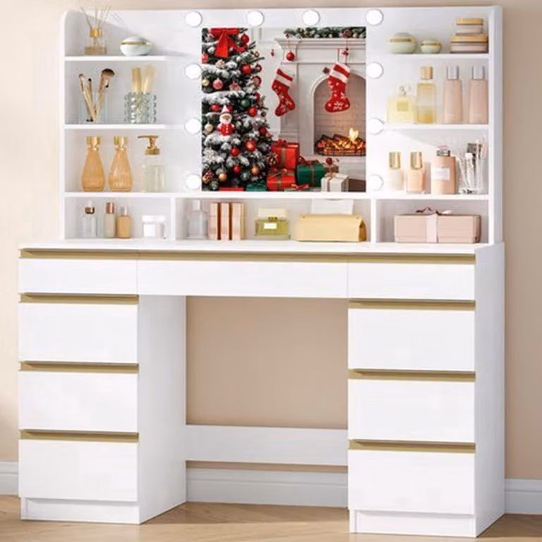 Comò da trucco con specchio e illuminazione LED regolabile - 9 cassetti - Design moderno - Oro