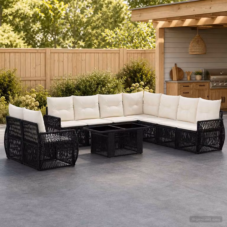 Set Divano da Giardino vidaXL 10 Pezzi Moderno in Polyrattan con Tavolino e Cuscini, Nero e Bianco Crema