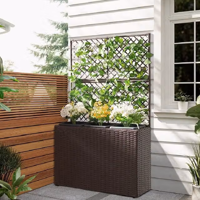 Fioriera da Giardino in Polyrattan Marrone con 3 Vasi Estrattibili per Balconi e Terrazzi