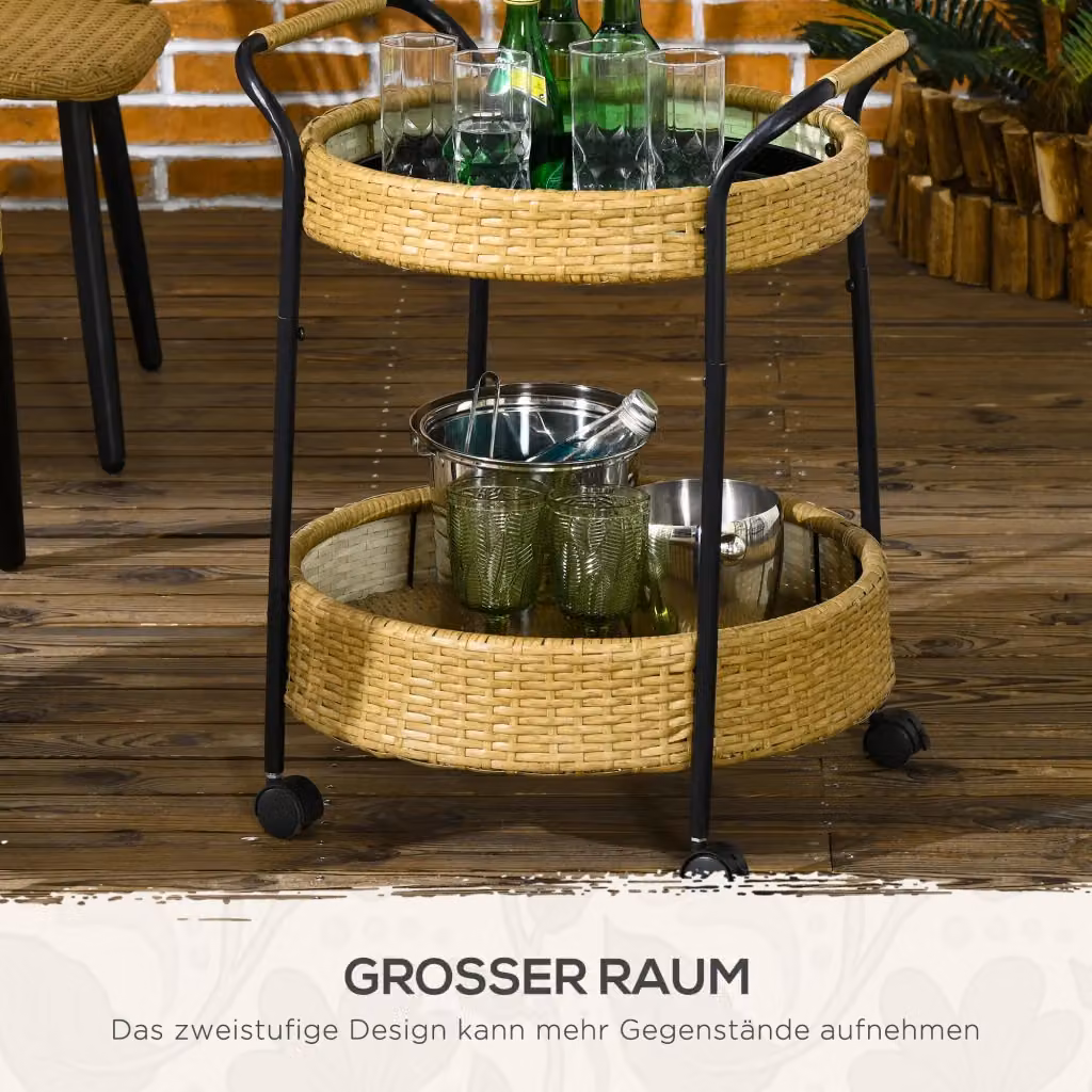 Carrello da cucina e bar OKWISH a 2 ripiani in rattan e metallo con ruote, giallo, Φ50 x H 66 cm – 2