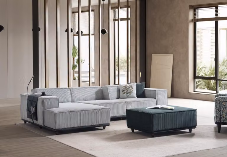 Designer Relaxsofa Moderne Eckcouch Polsterhocker Edle Garnitur