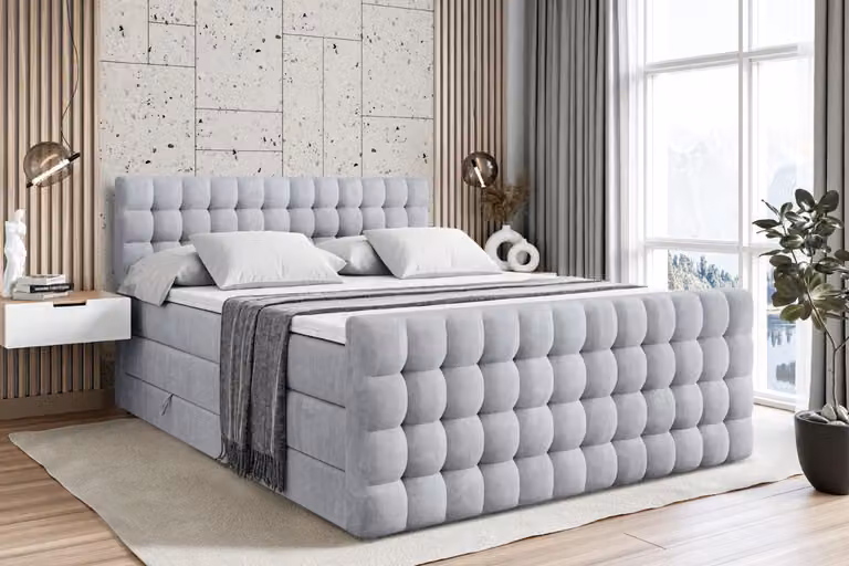 Letto boxspring ALTDECOR con materasso e rete a doghe - VIONE -Z KING - 200x200 cm - Grigio Monolith - Coprimaterasso, pediera, letto imbottito con contenitore, letto con vano portaoggetti H3 e H4 - Materasso, letto matrimoniale, letto boxspring