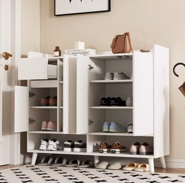 Mobile da ingresso moderno con ripiano regolabile; 1 cassetto e 4 ante; 120x35x99 cm; bianco