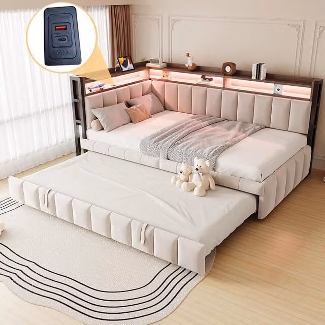 Divano letto 90x200cm?- Xylo - gigogne LED USB velluto beige