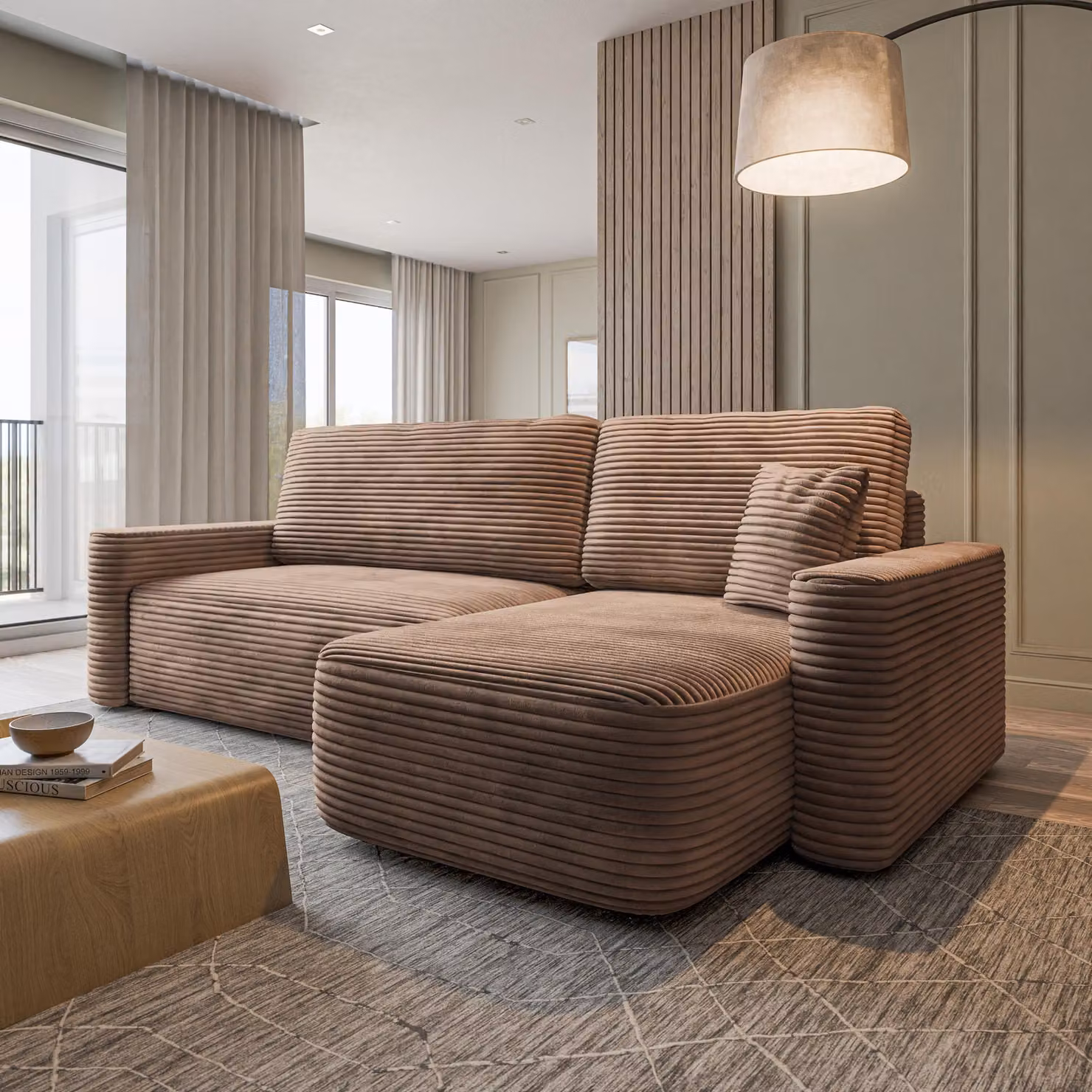 Divano ad angolo Masseno NERI T con funzione letto a L, divano con contenitore, divano da salotto, divano, divano letto, set divani - Beige, TILIA 17