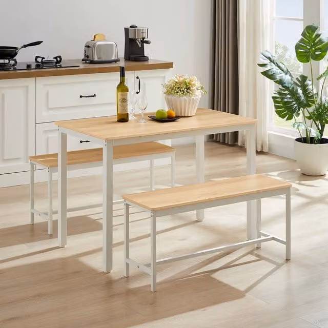 Set Tavolo da Pranzo e 2 Panche MINIMAL in Legno Naturale e Bianco L: 120 cm, P: 60 cm, H: 75 cm