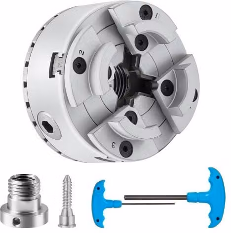 Mandrino per tornio per legno VEVOR a 4 griffe, diametro 70mm, colore argento in acciaio, utensile autocentrante con chiave a T per rettifica e fresatura
