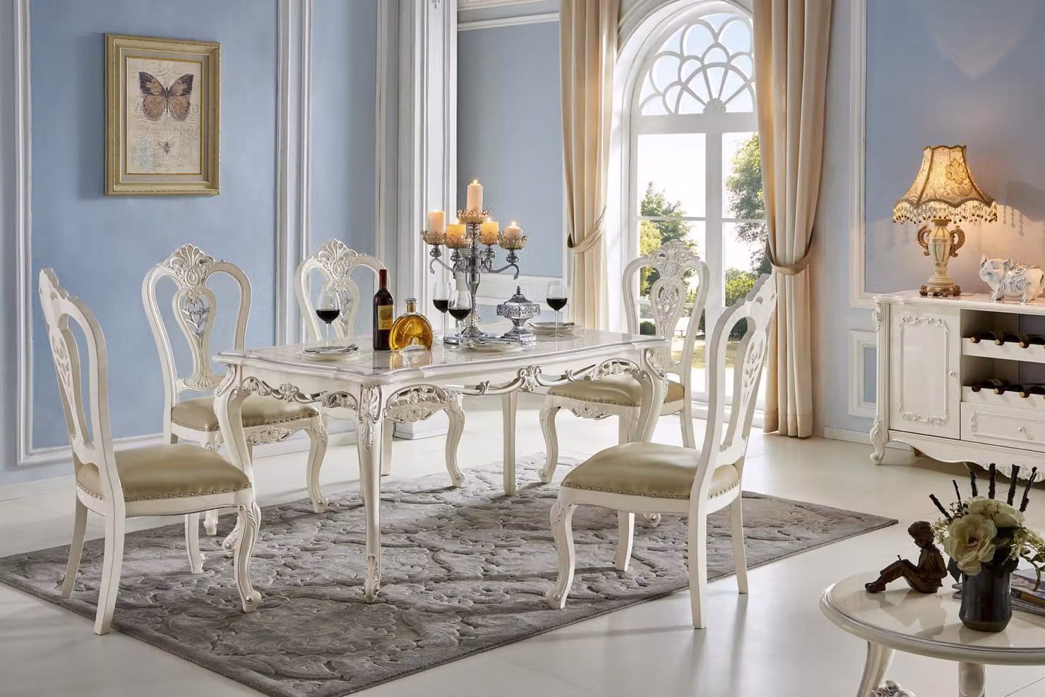 Barock Antik Stil Esszimmer Set Holz Marmor Tisch + Klassische 6x Stühle Stuhl