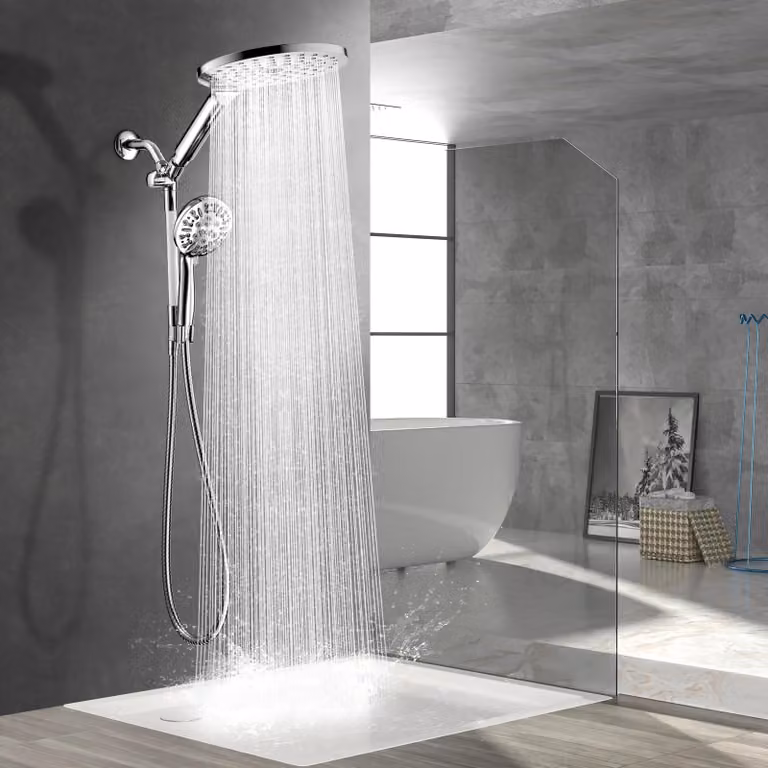 Doccia multifunzione con soffione a pioggia da 19 cm, doccetta manuale con 9 getti, tubo flessibile da 198 cm, finitura cromata, ideale per il bagno
